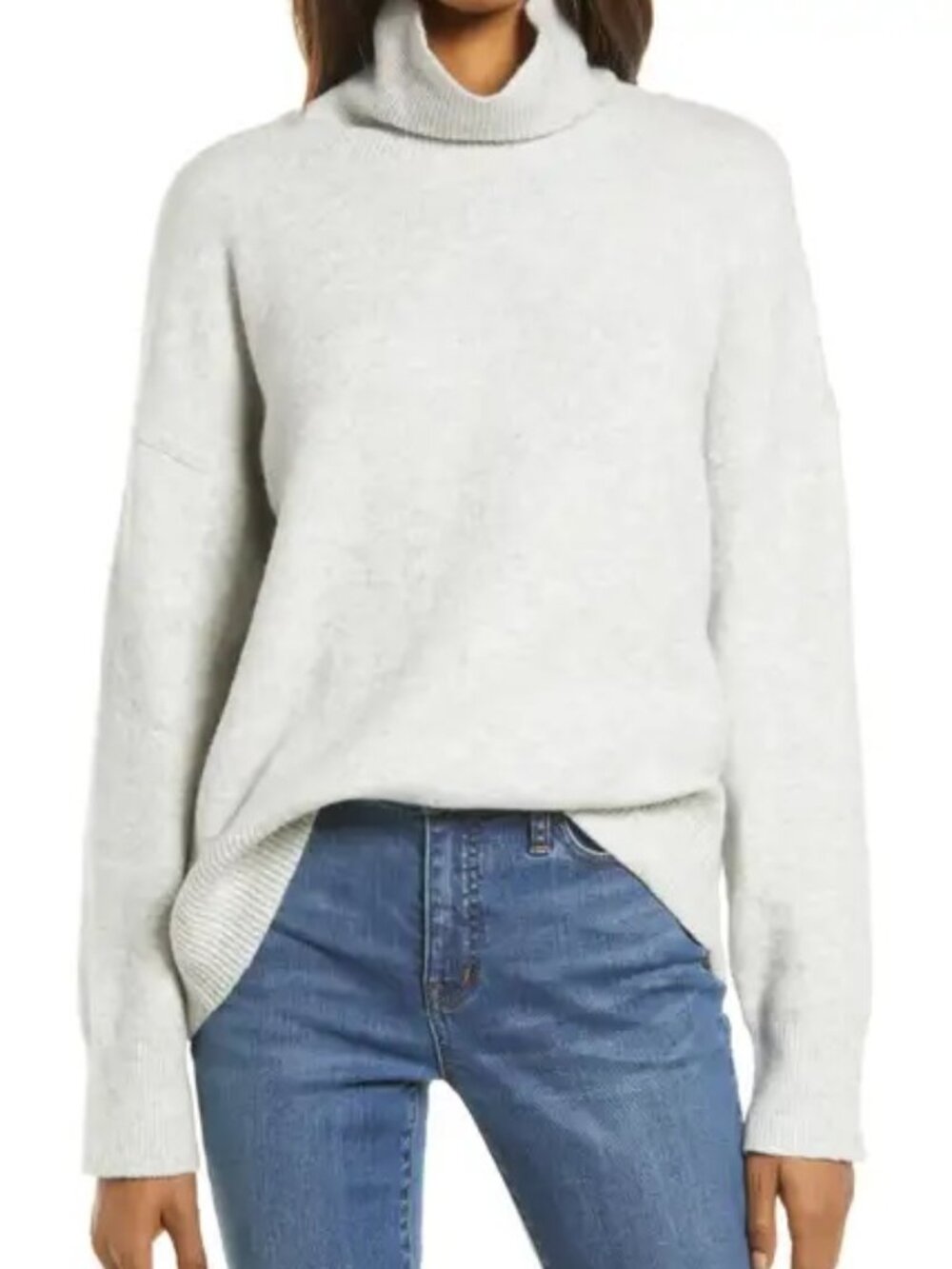Treasure & Bond HIGH RIB NECK SWEATER, Large, GREY LIGHT HEATHER